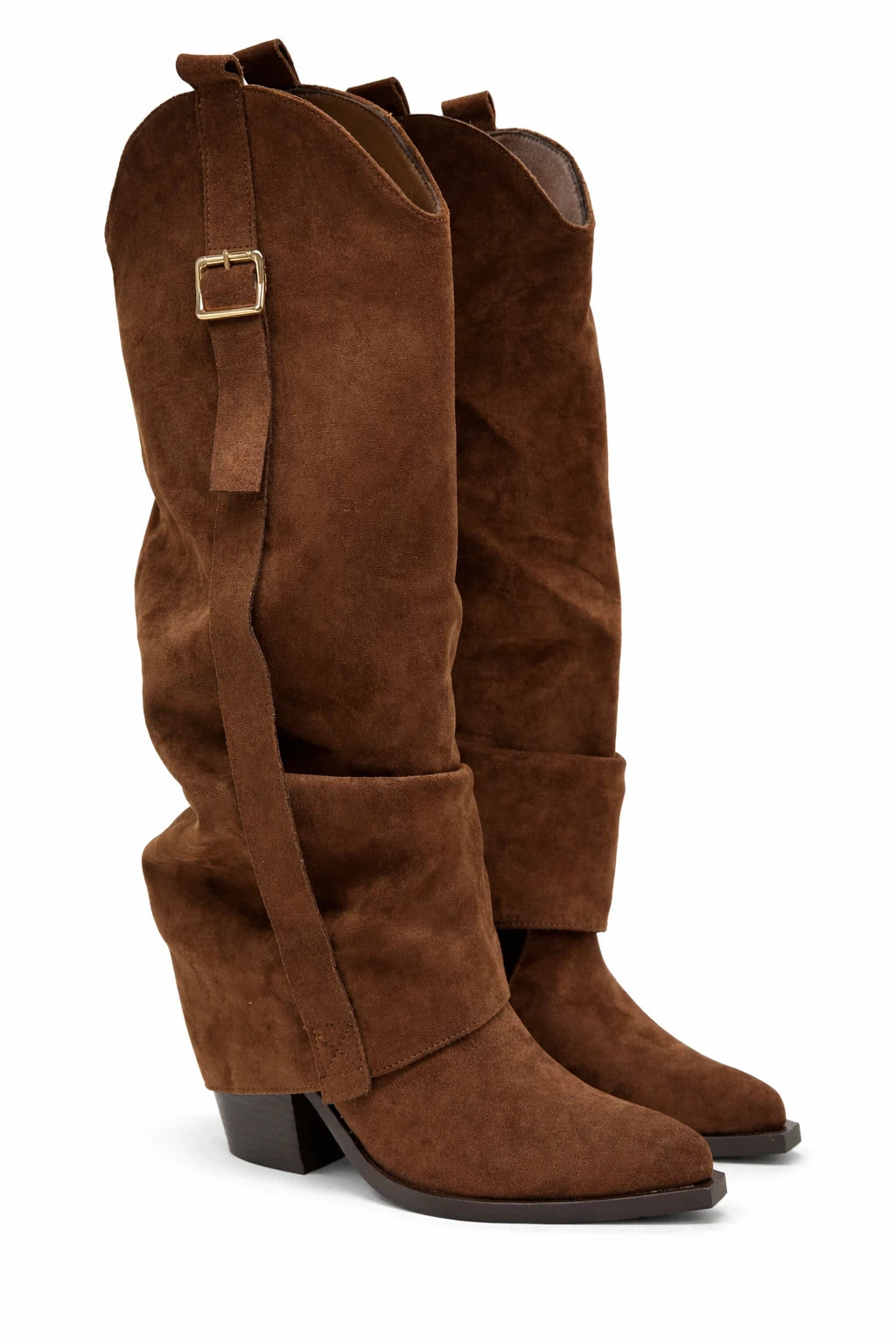 Texanas Femininas com Cano Dobrado e Fivela – Bege e Cognac