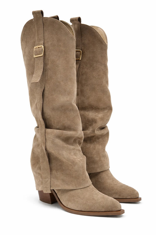 Texanas Femininas com Cano Dobrado e Fivela – Bege e Cognac