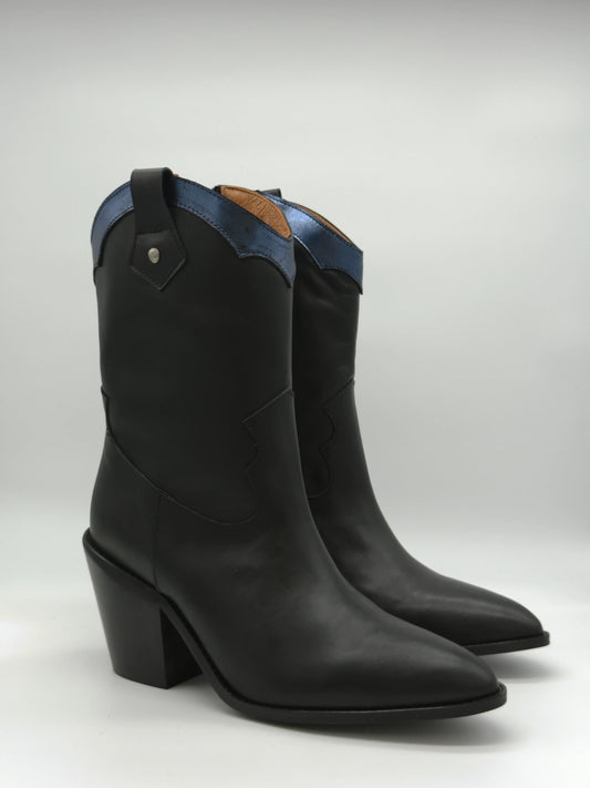 Botas vaqueras de media caña para mujer con tacón medio (negro y azul)