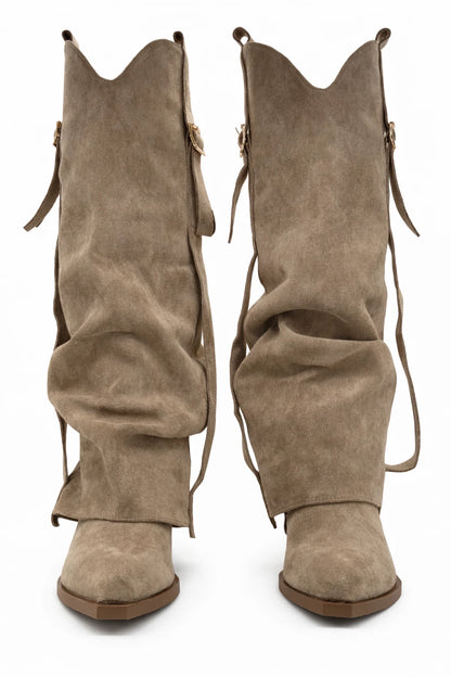 Texanas Femininas com Cano Dobrado e Fivela – Bege e Cognac