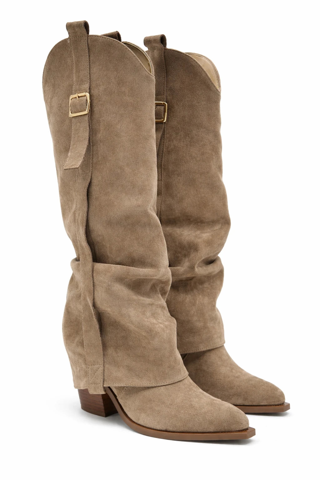 Texanas Femininas com Cano Dobrado e Fivela – Bege e Cognac