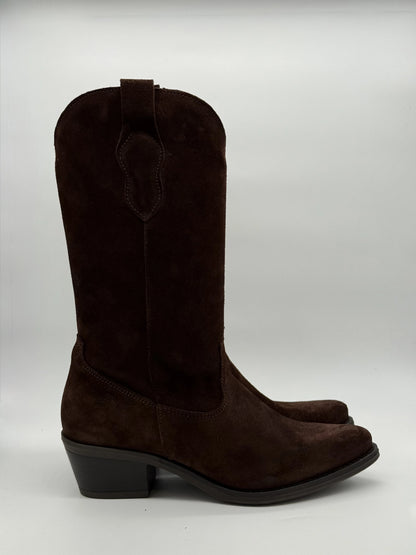 Texanas Lisas Castanhas de Mulher com Cano Médio e Salto Estável