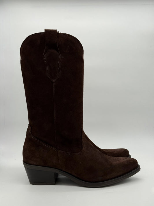 Texanas Lisas Castanhas de Mulher com Cano Médio e Salto Estável