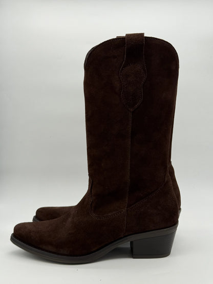 Texanas Lisas Castanhas de Mulher com Cano Médio e Salto Estável