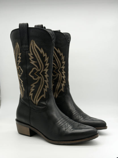 Botas Texanas Femininas de Salto Médio – Estilo Western Moderno em Castanho ou Preto