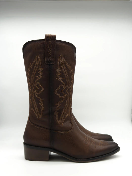 Botas Texanas Femininas de Salto Médio – Estilo Western Moderno em Castanho ou Preto