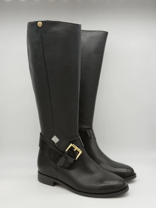 Botas vaqueras negras de caña alta para mujer con hebilla dorada