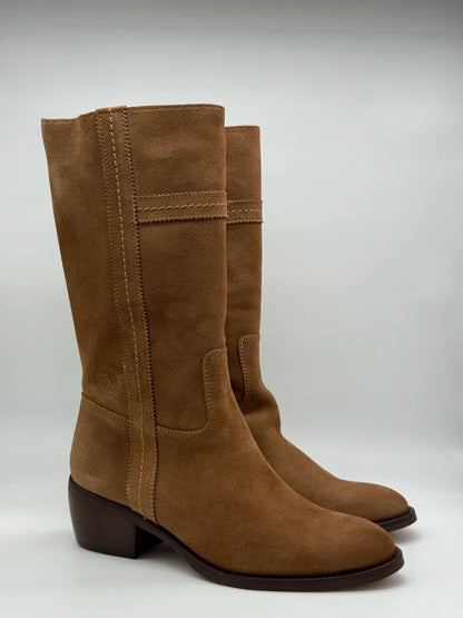 Botas Femininas de Cano Alto com Salto Médio | Castanho e Camel